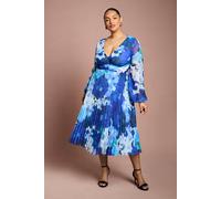 Coast Plus Size Printed Floral Pleated Long Sleeve Midi Dress In Cobalt cobalt 26