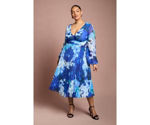 Coast Plus Size Printed Floral Pleated Long Sleeve Midi Dress In Cobalt cobalt 26