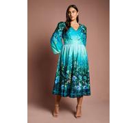 Coast Women's Plus V Neck Long Sleeve Placement Print Organza Midi Dress in Teal | Size: 20 Coast Teal 20