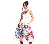 Coast Pocket Structured Satin Placement Print Midi Dress, 14, Ivory