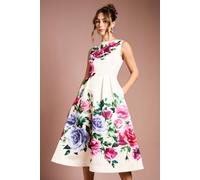 Coast Pocket Structured Satin Placement Print Midi Dress In Ivory ivory 12