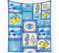 Coast Print Blanket Throws Checkered Seashell Sea Fish Throw Blankets Soft Cozy Fleece Plush Warm Flannel Bedding Blanket for Kids Adults Couch Travel 200 x 200 cm