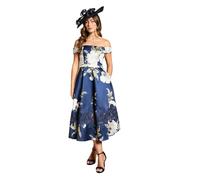 Coast Printed Bardot Twill Midi Dress with Lace Insert, 10, Navy