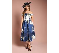 Coast Printed Bardot Twill Midi Dress with Lace Insert, 14, Navy