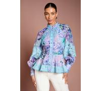 Coast Printed Blouson Sleeve Lace Trim Blouse In Blue blue 14