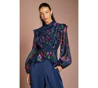 Coast Printed Floral Long Sleeve Frill Organza Blouse In Dusty Blue dusty blue