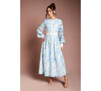 Coast Printed Lace Blouson Sleeve Belted Midi Dress In Light Blue light blue 8