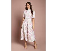 Coast Printed Lace Short Sleeve Trim Detail Midi Dress In Pink pink