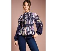 Coast Printed Lace Trim Pleated Shirt In Navy navy