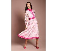 Coast Printed Organza Contrast Collar Lace Trim Midi Dress In Pink pink 12