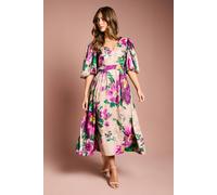 Coast Printed Puff Sleeve Bow Detail Jacquard Midi Dress In Purple purple 10