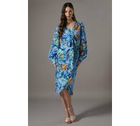 Coast Printed Tie Front Wrap Jacquard Dress In Blue blue 10