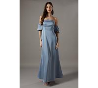 Coast Puff Sleeve Bardot Satin Maxi Bridesmaid Dress In Dusty Blue dusty blue 10