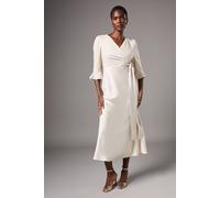 Coast Ruffle Sleeve Satin Back Crepe Wrap Dress, 12, Champagne