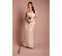 Coast Satin Bardot Bridesmaid Maxi Dress With Waist Ruching Detail In Mocha mocha 16
