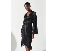 Coast Satin Fringe Hem Wrap Waist Midi Dress In Black black 12