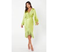 Coast Satin Fringe Hem Wrap Waist Midi Dress In Chartreuse chartreuse 8