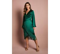 Coast Satin Fringe Hem Wrap Waist Midi Dress In Emerald emerald 16