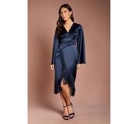 Coast Satin Fringe Hem Wrap Waist Midi Dress In Navy navy 10