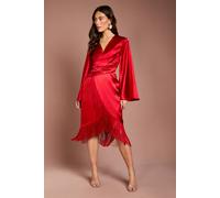 Coast Satin Fringe Hem Wrap Waist Midi Dress In Red red