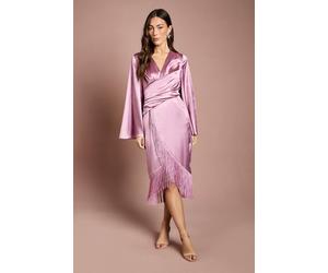 Coast Satin Fringe Hem Wrap Waist Midi Dress In Rose rose