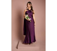 Coast Satin Halterneck Maxi Bridesmaid Dress With Over The Shoulder Drape Detail In Grape grape 16