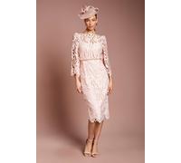 Coast Satin Lace Boat Neck Midi Dress with Fluted Sleeve, 10, Blush