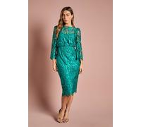 Coast Satin Lace Boat Neck Midi Dress With Fluted Sleeve In Emerald emerald 10