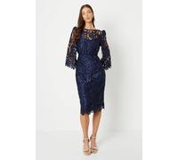Coast Satin Lace Boat Neck Midi Dress With Fluted Sleeve In Navy navy 12