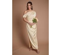Coast Satin Ruched Detail Off The Shoulder Maxi Bridesmaid Dress In Lemon lemon