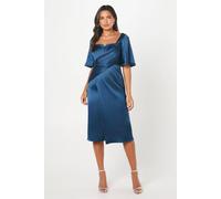Coast Satin Wrap Waist Flutter Sleeve Midi Wedding Guest Dress In Washed Indigo washed indigo 8