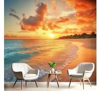 Coast Scenery Silk Cloth 3D Photo Wallpaper Mural, Island Sunset Wallcoverings, 250x175cm (WxH) Indoor Orange Wall Painting for Bedroom Living Room TV Backdrop Home Decoration