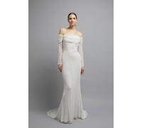 Coast Sequin Draped Bardot Long Sleeve Maxi Wedding Dress In Ivory ivory 12