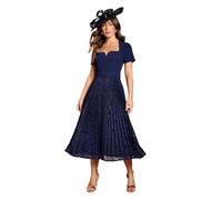 Coast Short Sleeve Crepe Midi Dress with Lace Pleated Skirt, 14, Navy