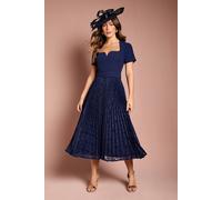 Coast Short Sleeve Crepe Midi Dress with Lace Pleated Skirt, 14, Navy