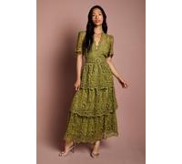 Coast Short Sleeve V Neck Tiered Lace Midi Dress In Olive olive 8