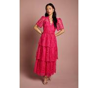 Coast Short Sleeve V Neck Tiered Lace Midi Dress In Raspberry raspberry 18