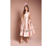 Coast Sleeveless Twill Midi Dress With Lace Trim And Belt In Pink pink
