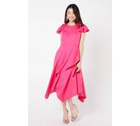Coast Stretch Crepe Flutter Sleeve Midi Wedding Guest Dress With Ruffle Skirt In Hot Pink hot pink 10