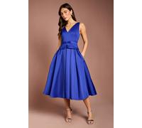 Coast Structured Satin Pleated Peplum Midi Dress In Cobalt cobalt