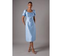 Coast Textured Fitted Midi Dress With Puff Sleeve In Blue blue 10