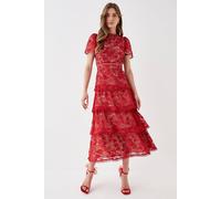 Coast Tiered Lace Dress With Flutter Sleeve & Trims red 16