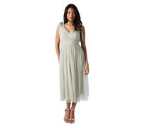 Coast V Neck Bow Shoulder Pleated Mesh Bridesmaids Midi Dress, 10, sage