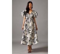 Coast V Neck Flutter Sleeve Jacquard Midi Dress In Silver silver 12