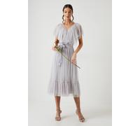 Coast V Neck Frill And Ribbon Detail Tiered Bridesmaid Midi Dress In Grey Mist grey mist 8