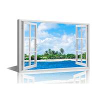 Coast Wall Art for Bedroom 3D Fake Windows Seaside Scenery Canvas Art Wall Decor 1 Piece Skyline Modern Wall Art Pictures for Living Room Ocean Artwork Paintings Framed Ready to Hang, 36x24in