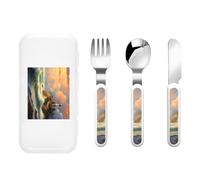 Coast Wave and House Three-Piece Set of Children's Cutlery-Safe and Durable Plastic Pp+430 Stainless Steel, Suitable for Kindergartens, Picnics, Birthday Parties and Other Scenes.