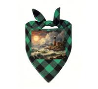 Coast Wave and Lighthouse Dog Bandana Plaid Triangle Pets Scarf | Funny Dog Neckwear Washable Triangle Bibs Kerchief Pet Costume Accessories for Small Medium Large Dogs Cats Birthday Gift
