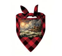 Coast Wave and Lighthouse Dog Bandana Plaid Triangle Pets Scarf | Funny Dog Neckwear Washable Triangle Bibs Kerchief Pet Costume Accessories for Small Medium Large Dogs Cats Birthday Gift