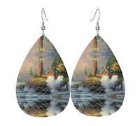 Coast Wave and Lighthouse Patterned leather earrings, women's earrings, suitable for daily wear, party and date